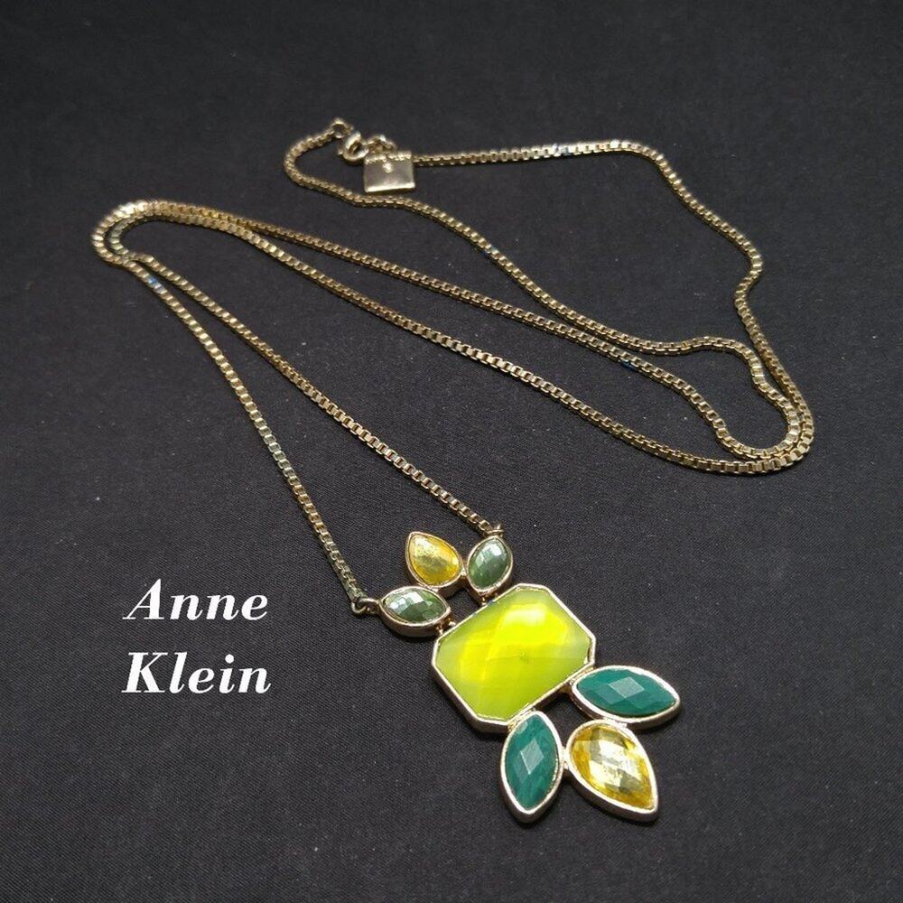 Anne Klein Long Necklace Green Yellow Pendant Gold Tone Chain Vintage